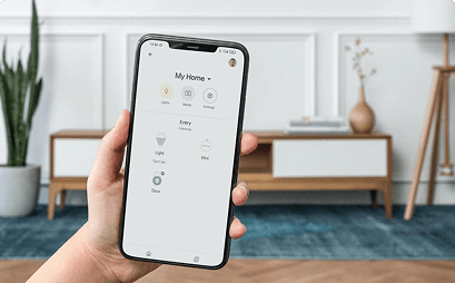 A well-organized room showing various smart home devices integrated into the living space