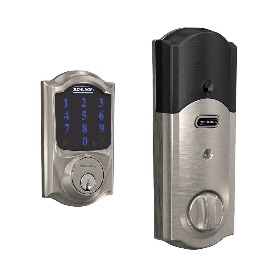 Two views of a smart deadbolt lock: the front shows a touchscreen keypad with illuminated blue numbers and a keyhole, and the back shows the interior unit with a thumb-turn lock and battery housing.